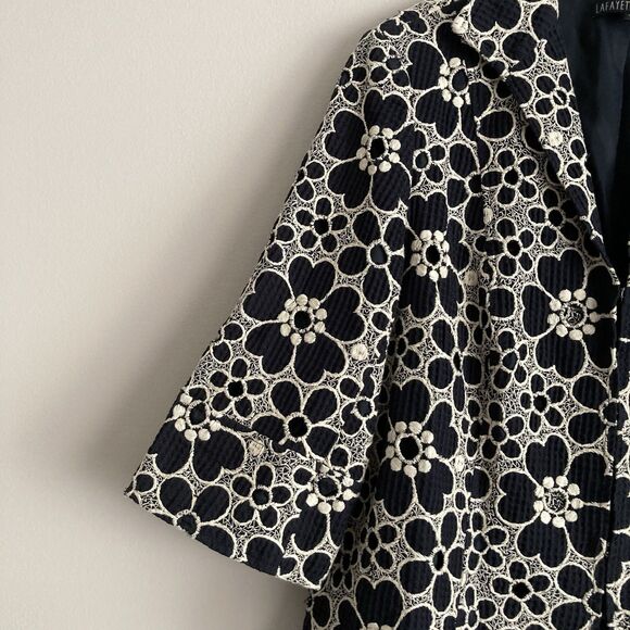 Lafayette 148 Navy Ivory White Floral Embroidered Eyelet Blazer Jacket Size 14 - Picture 4 of 10